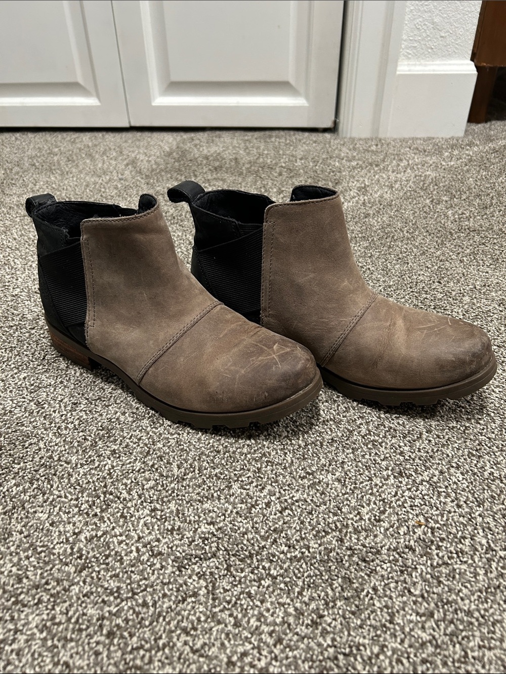 Women's Sorel Emelie Taupe and Black Chelsea Booties with Elastic Side Panels